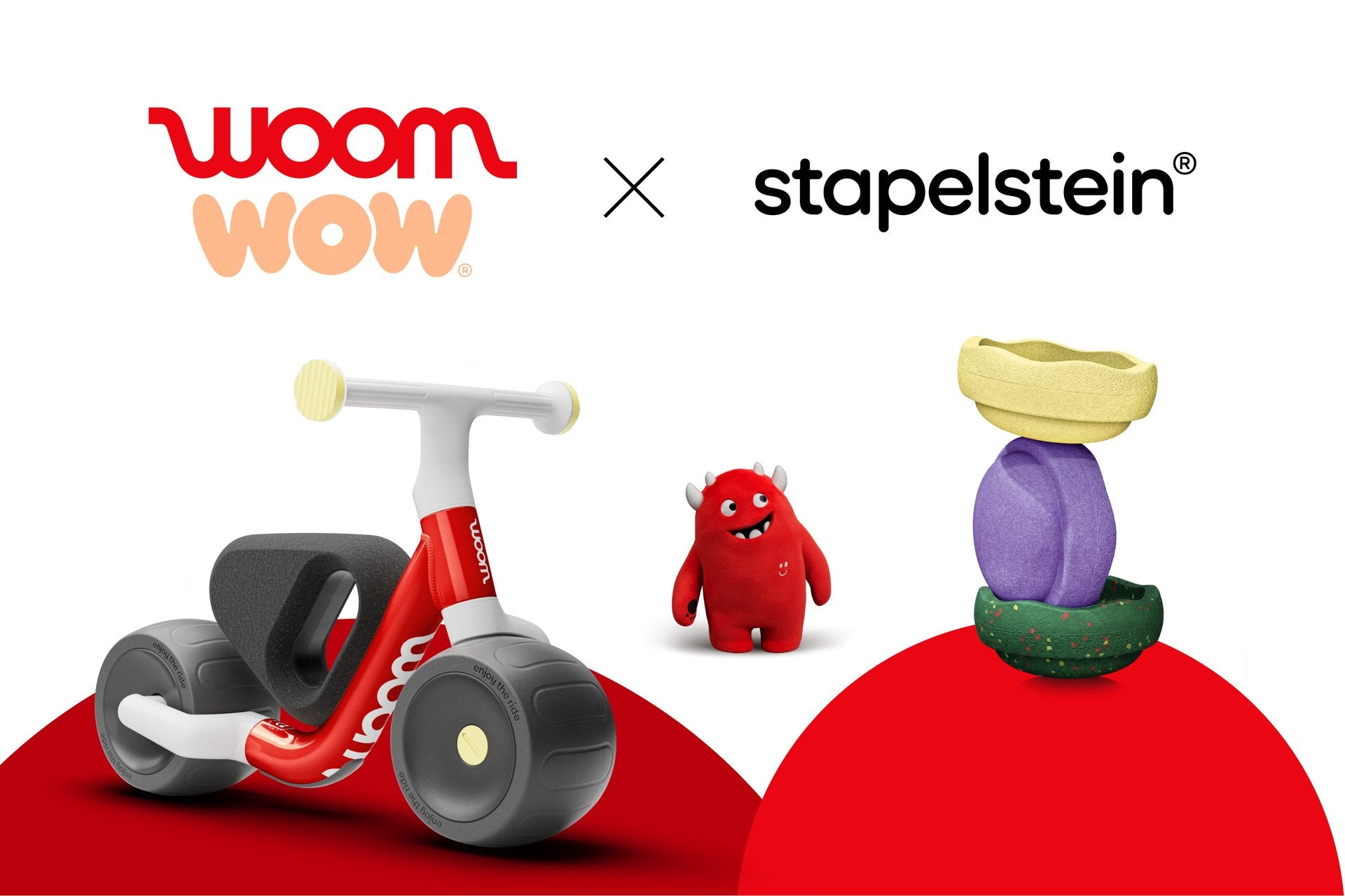 woom WOW roșie, Buddy și trei Stapelstein® Original Minis